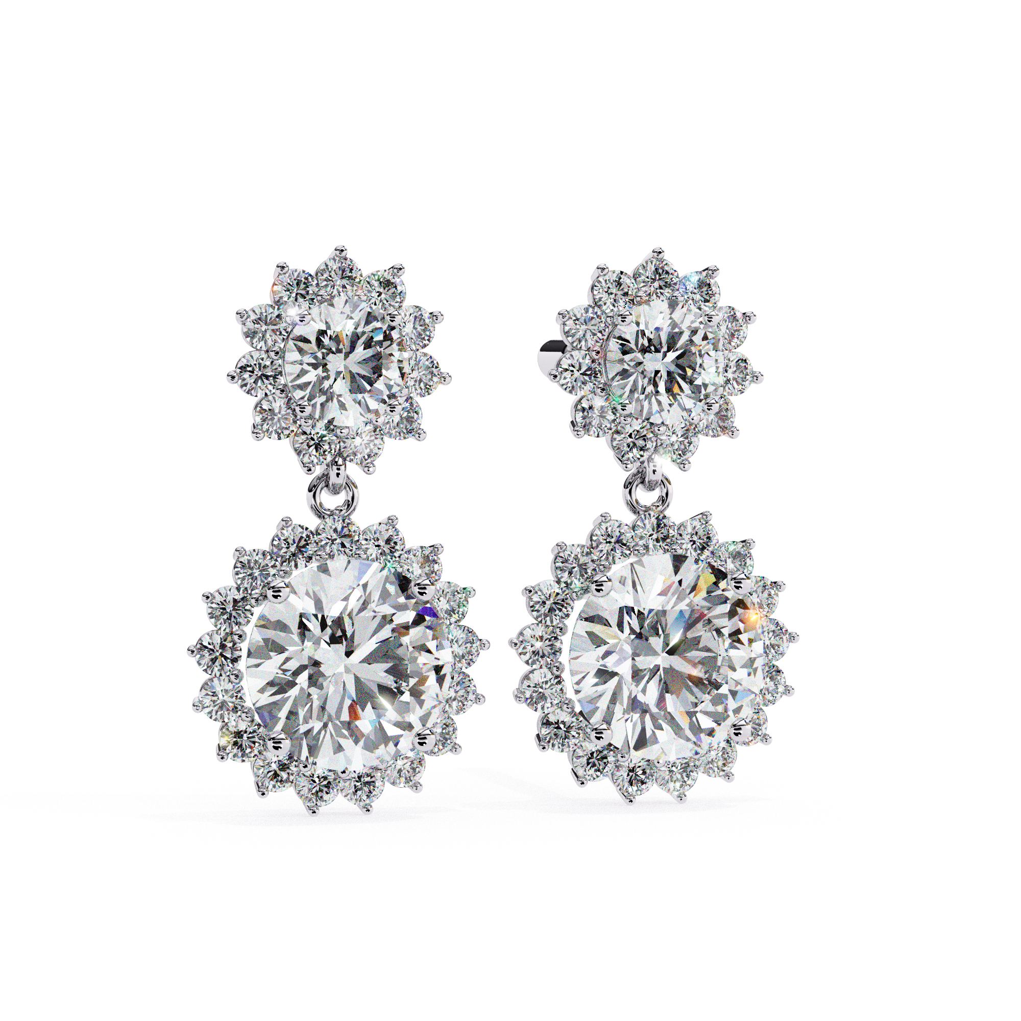 Sunburst Double Halo Diamond Drop Earrings