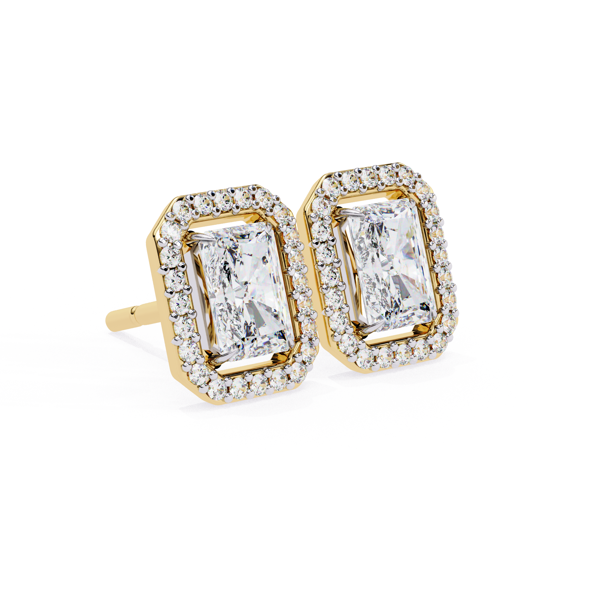 Radiant Cut Halo Diamond Stud Earrings in Gold