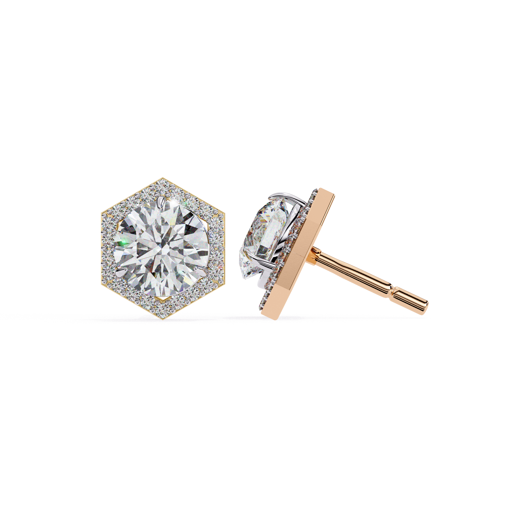 Hexagon Halo Diamond Stud Earrings