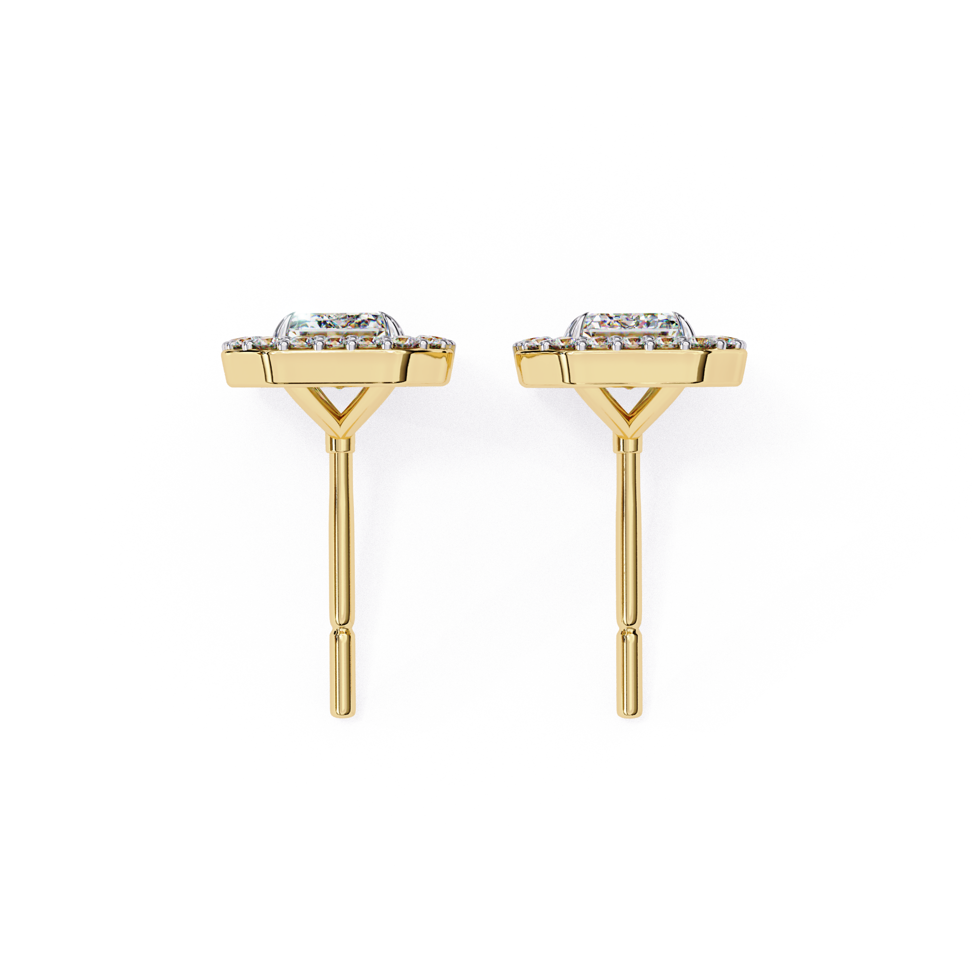 Emerald Cut Halo Diamond Stud Earrings in Gold