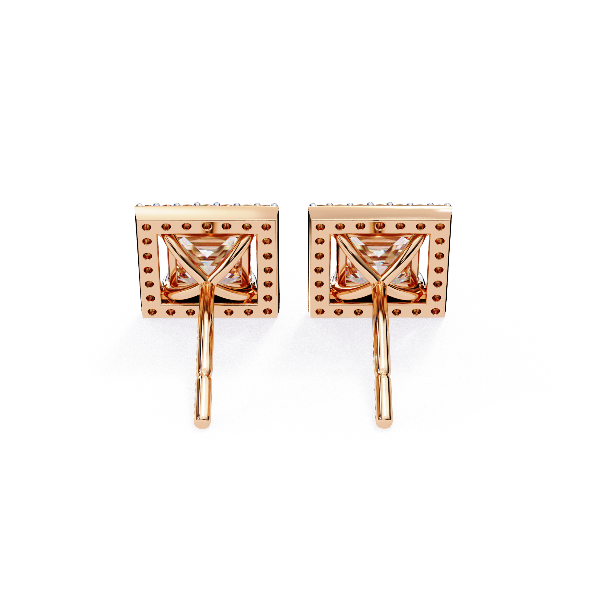 Square Princess-Cut Diamond Halo Stud Earrings in Gold