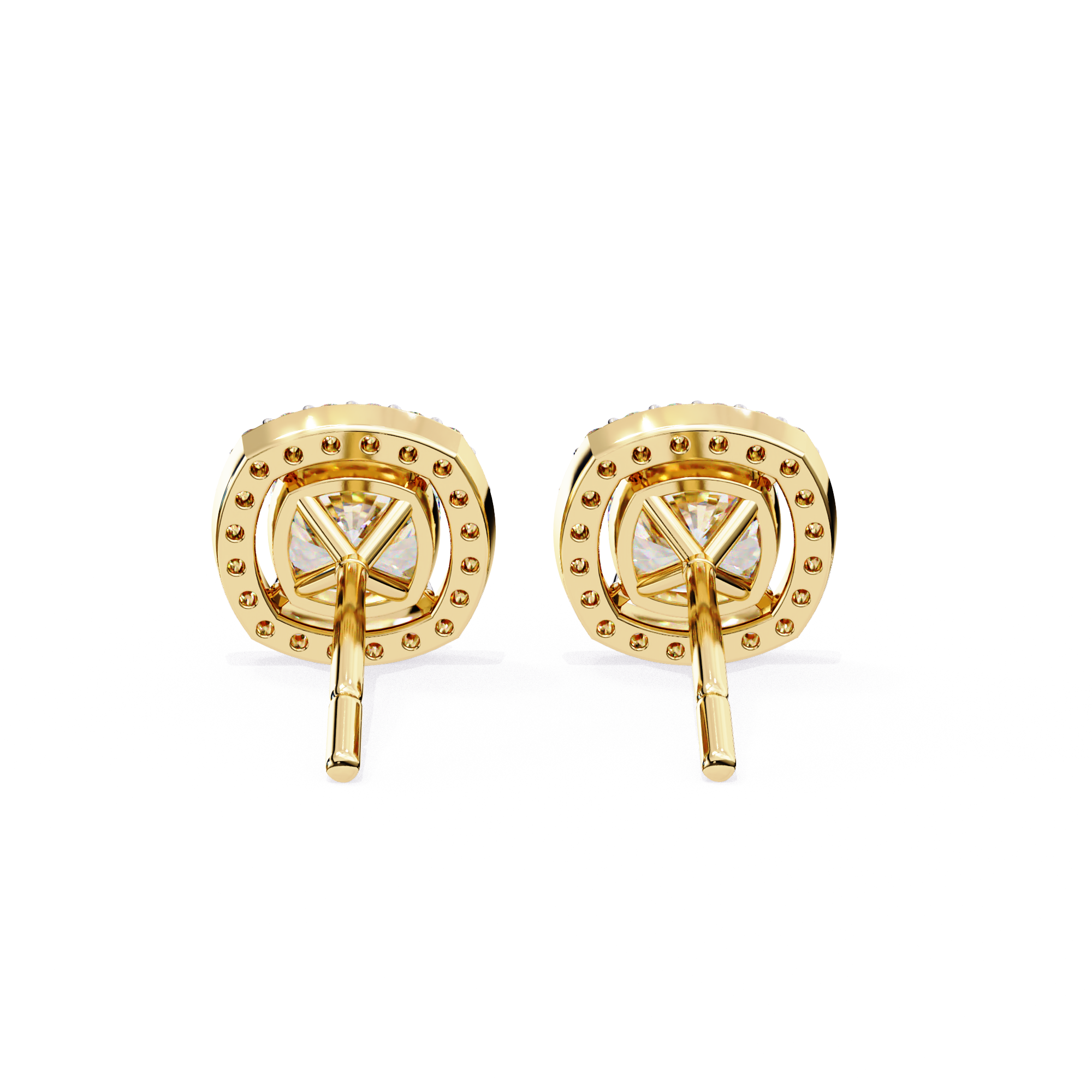 Cushion Cut Floating Halo Diamond Stud Earrings in Gold