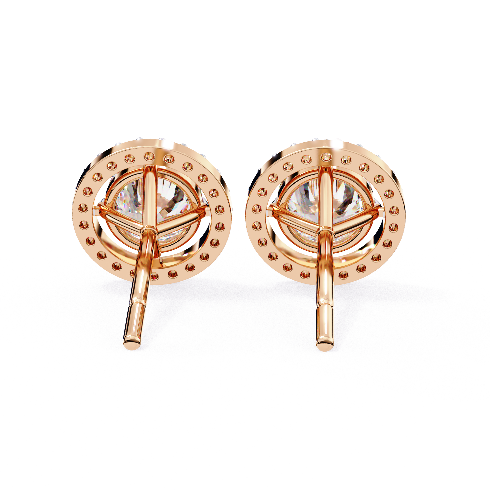Round Halo Floating Diamond Stud Earrings in Gold