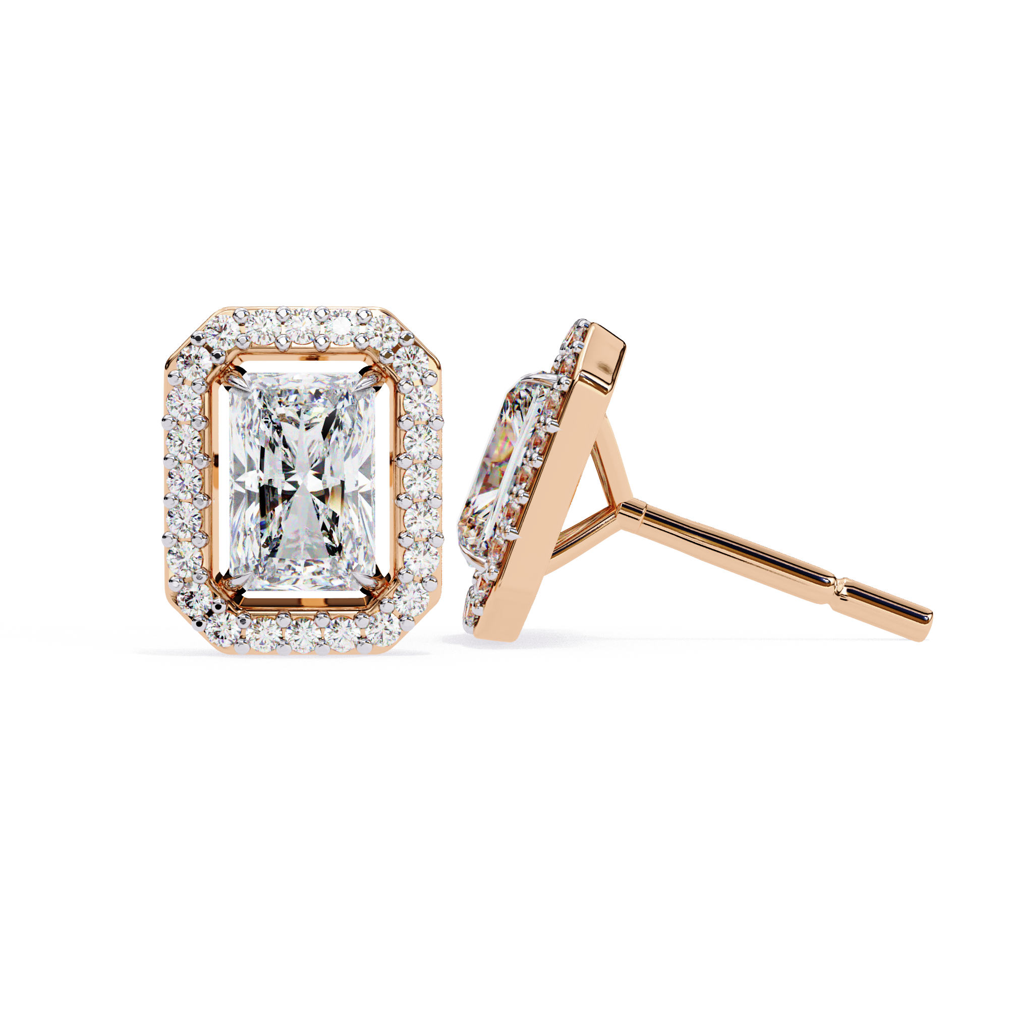 Radiant Cut Halo Diamond Stud Earrings in Gold