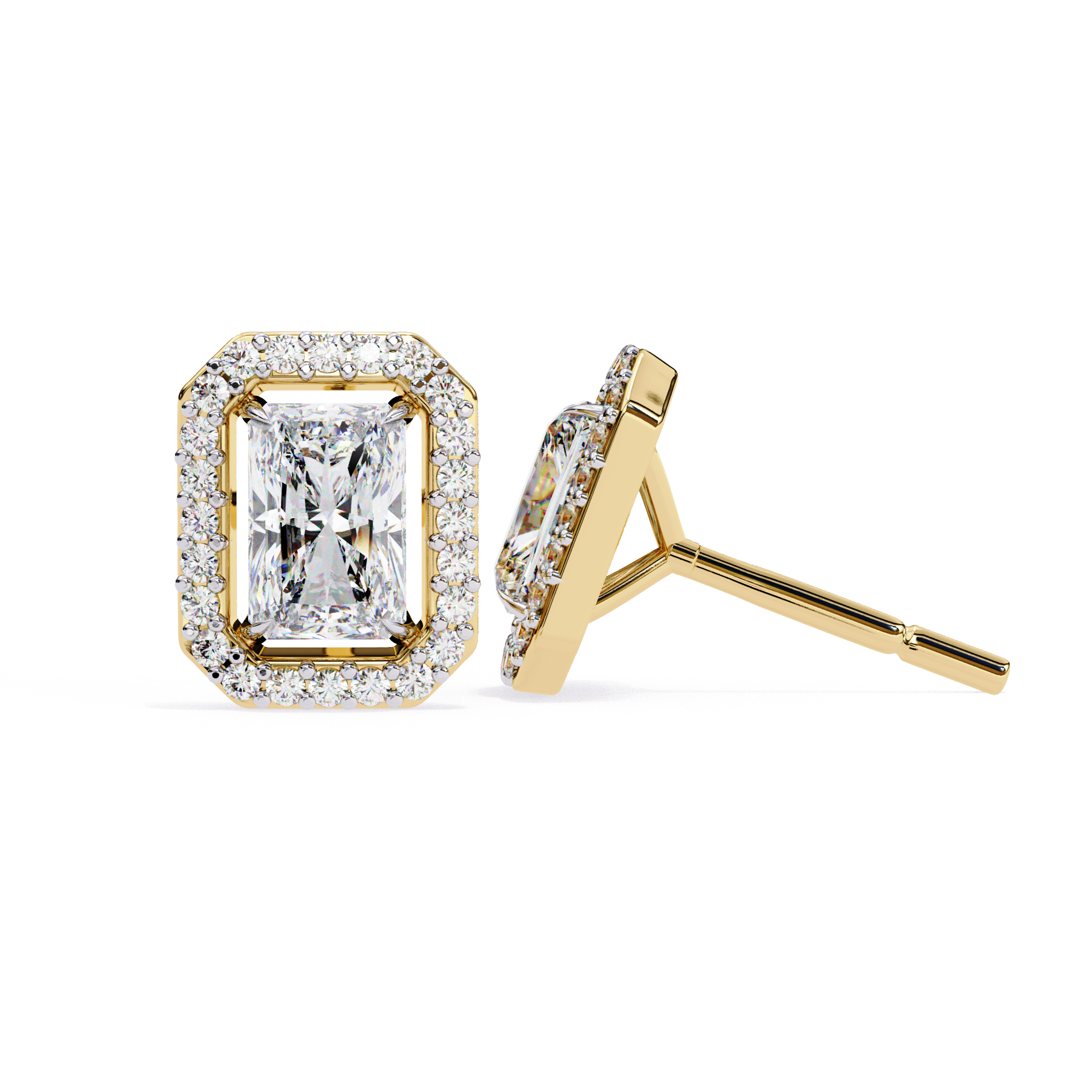 Radiant Cut Halo Diamond Stud Earrings in Gold