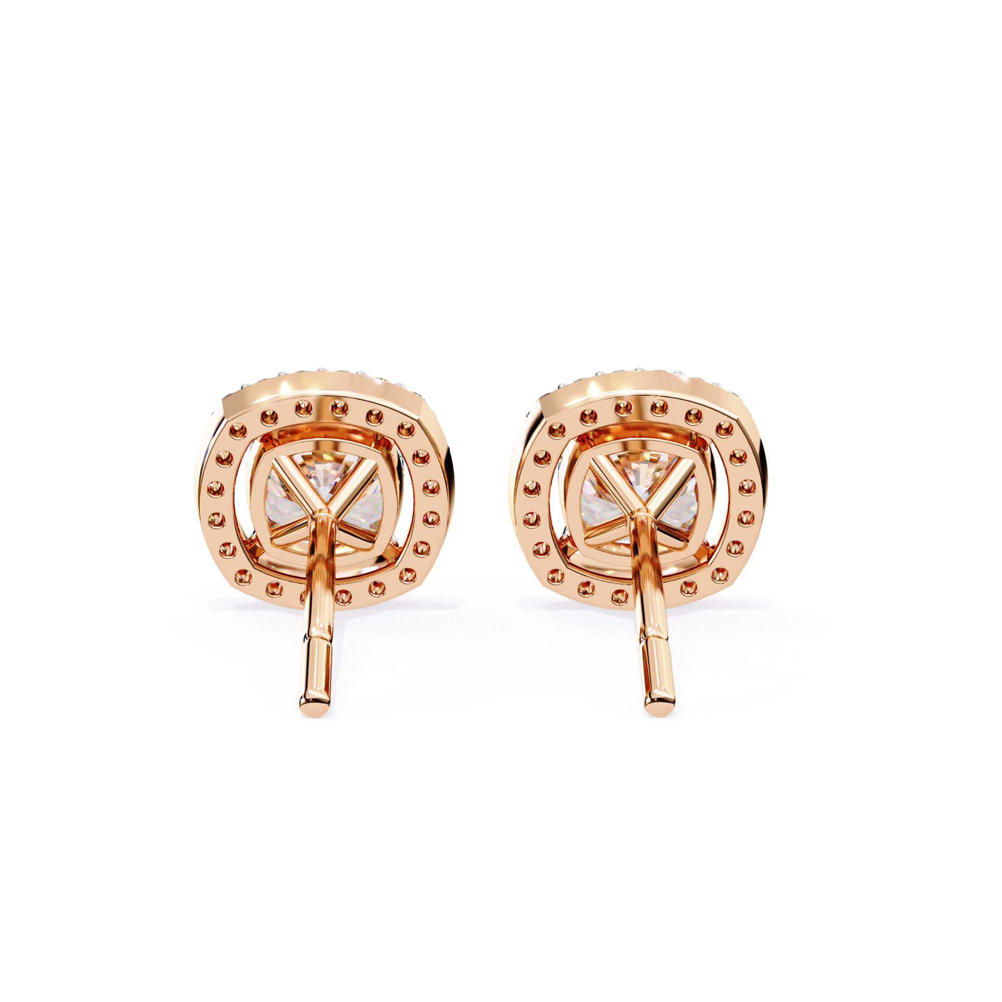 Cushion Cut Floating Halo Diamond Stud Earrings in Gold
