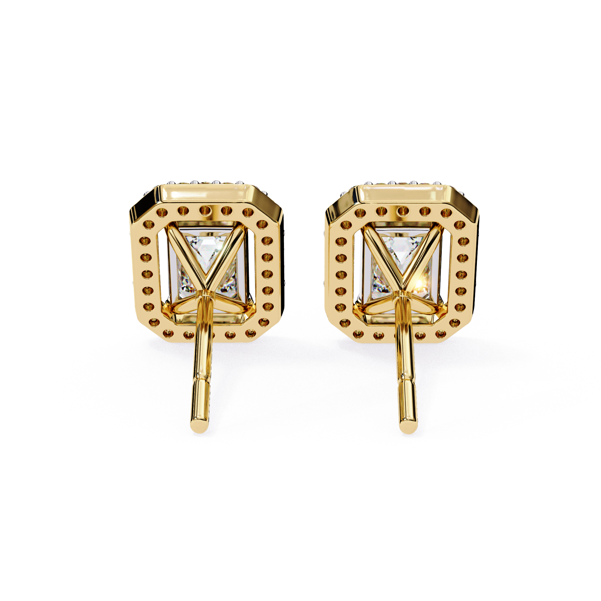 Emerald Cut Halo Diamond Stud Earrings in Gold