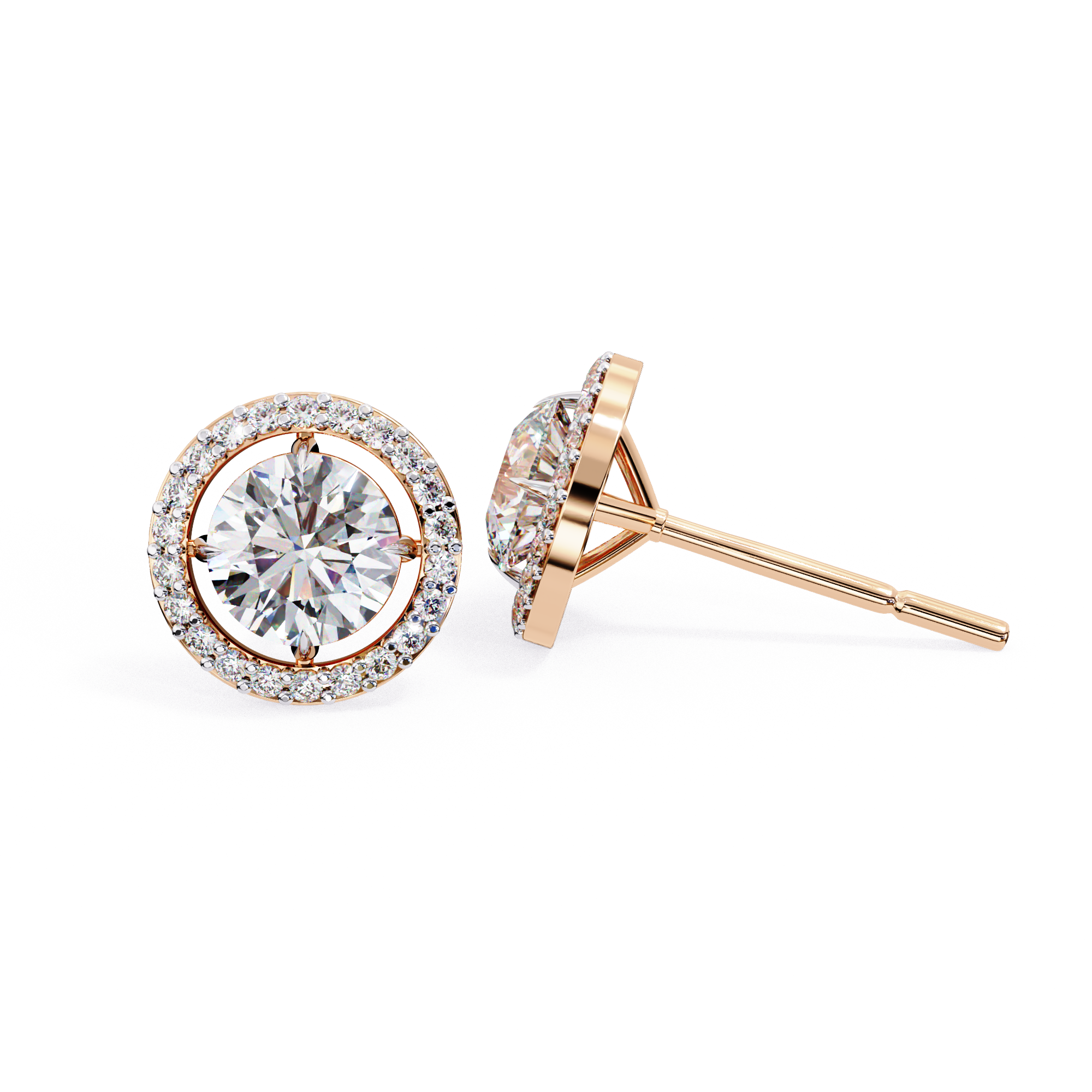 Round Halo Floating Diamond Stud Earrings in Gold