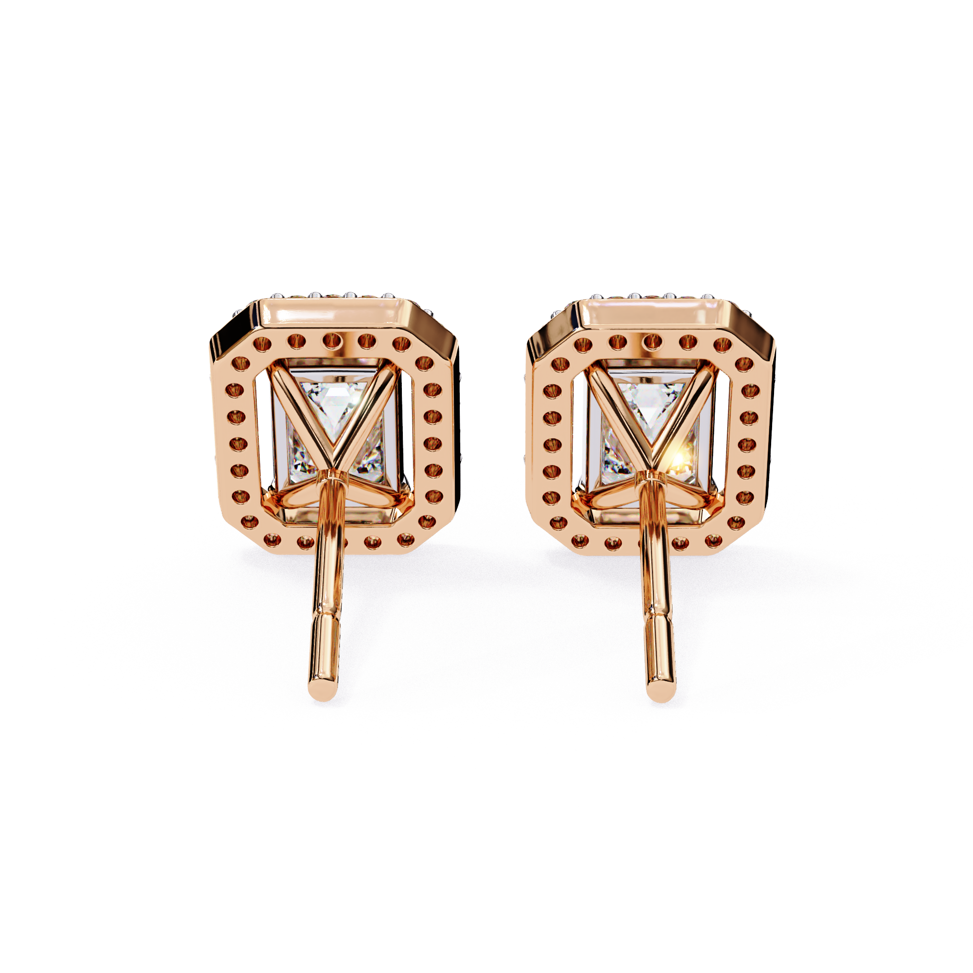 Emerald Cut Halo Diamond Stud Earrings in Gold