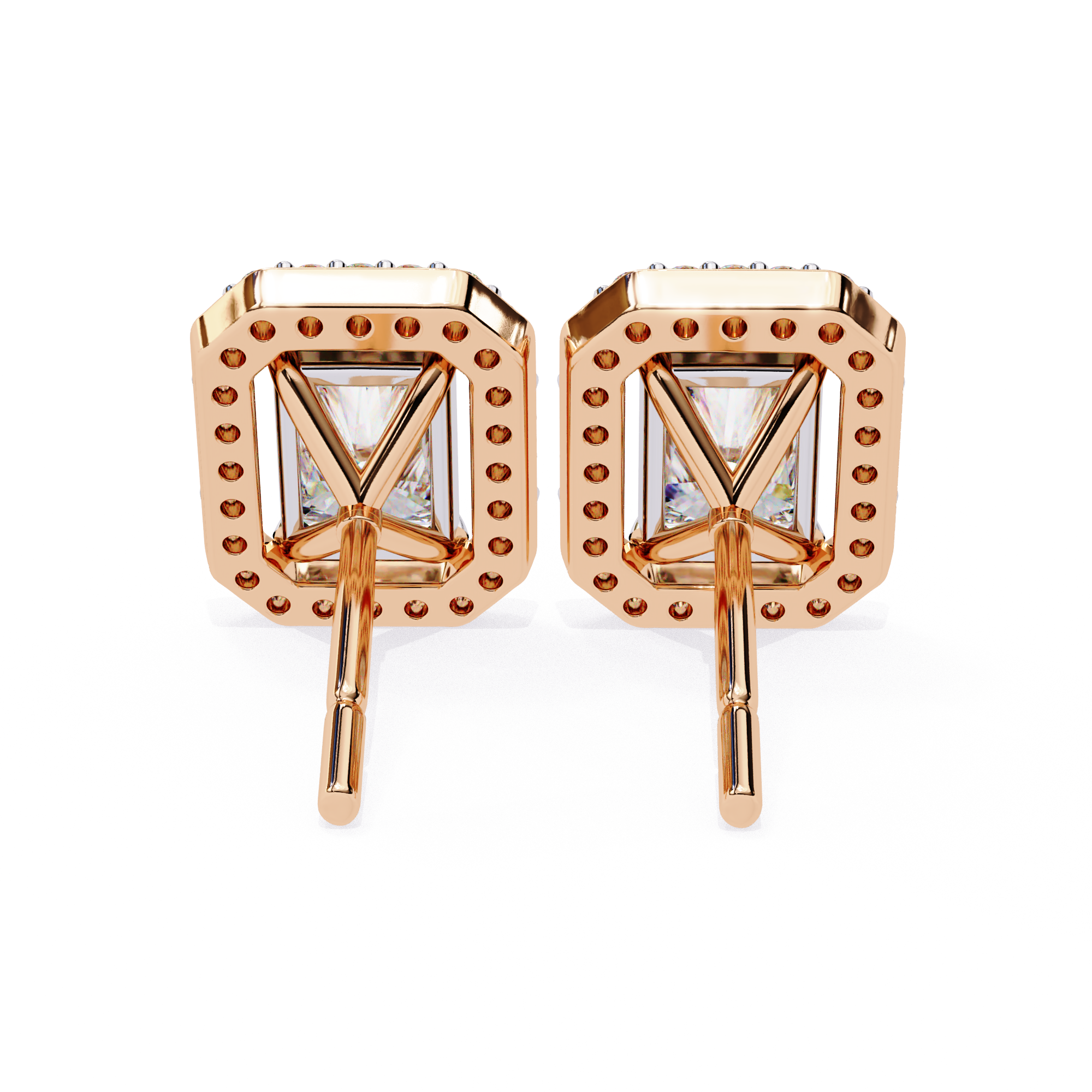 Radiant Cut Halo Diamond Stud Earrings in Gold