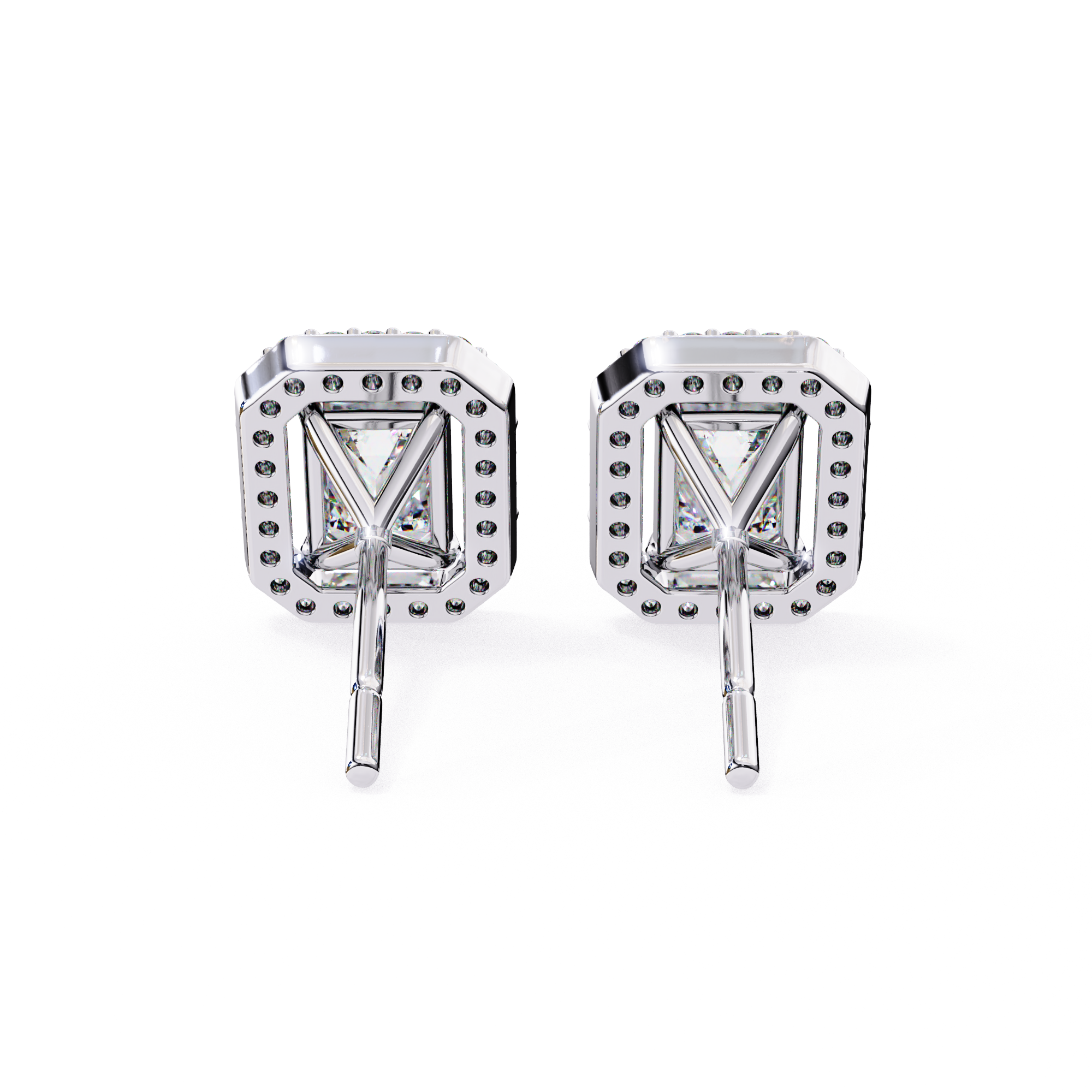 Emerald Cut Halo Diamond Stud Earrings in Gold