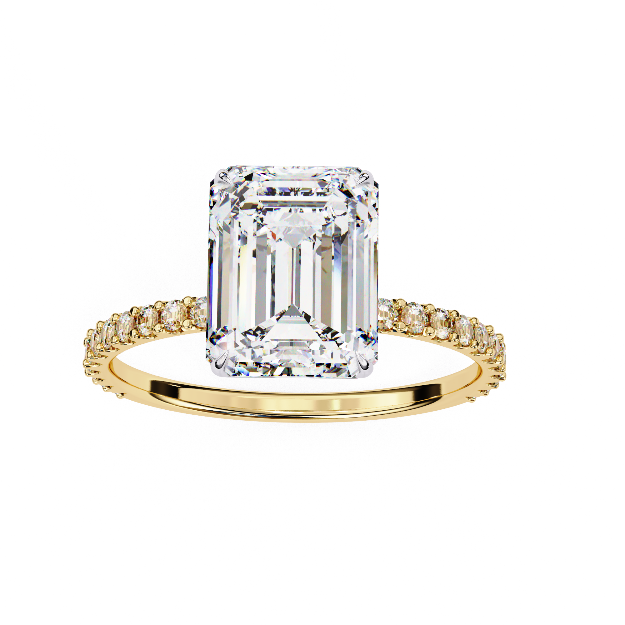 Exquisite Emerald-Cut Diamond Engagement Ring with Pave Band in Gold