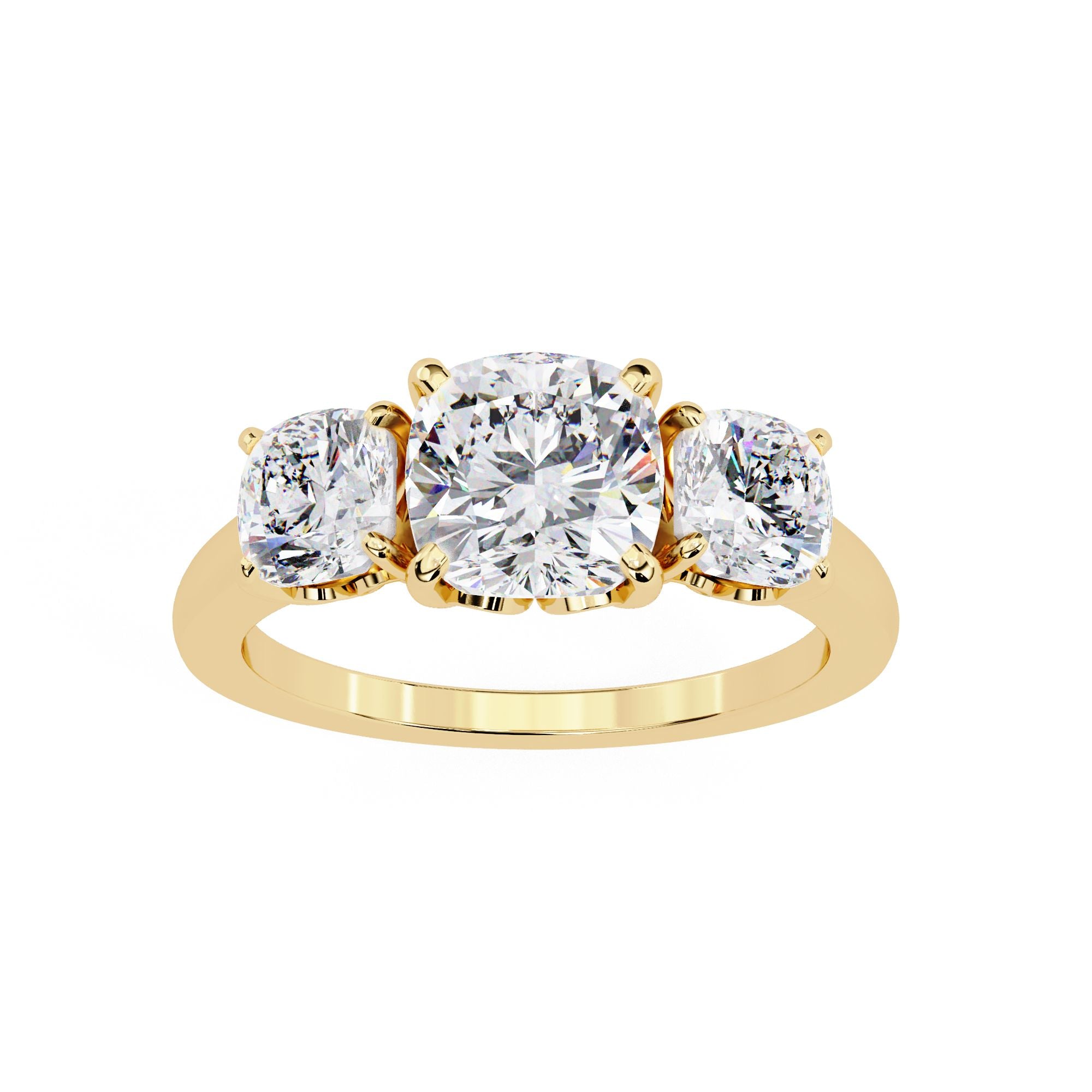 Cushion Cut Three-Stone Diamond Ring in Gold