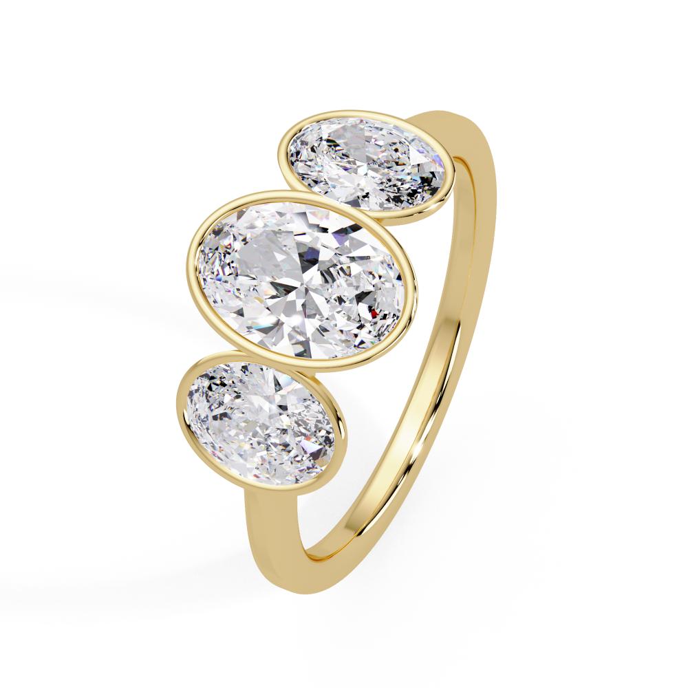Three Stone Oval Diamond Bezel Engagement Ring in Gold