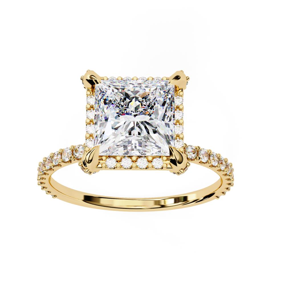 Princess-Cut with Pavé Round Diamond Halo Ring in Gold