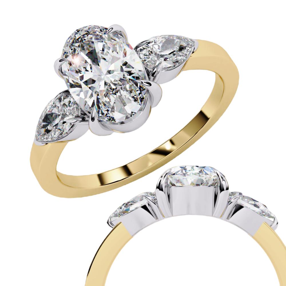 Oval Cut Three-Stone Diamond Ring with Pear Side Stones in Gold