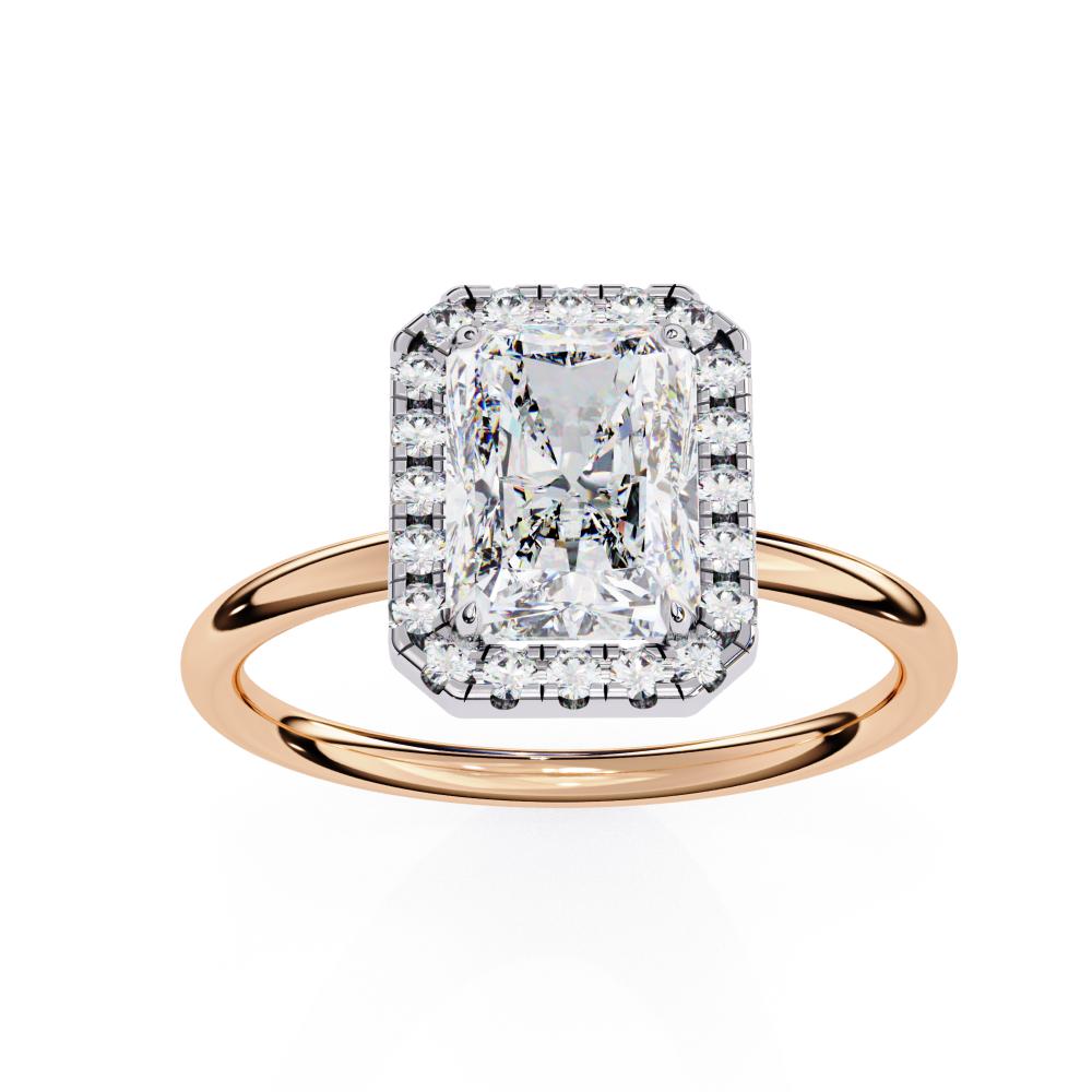 Radiant-Cut Diamond with Round Brilliant Halo Ring in Gold