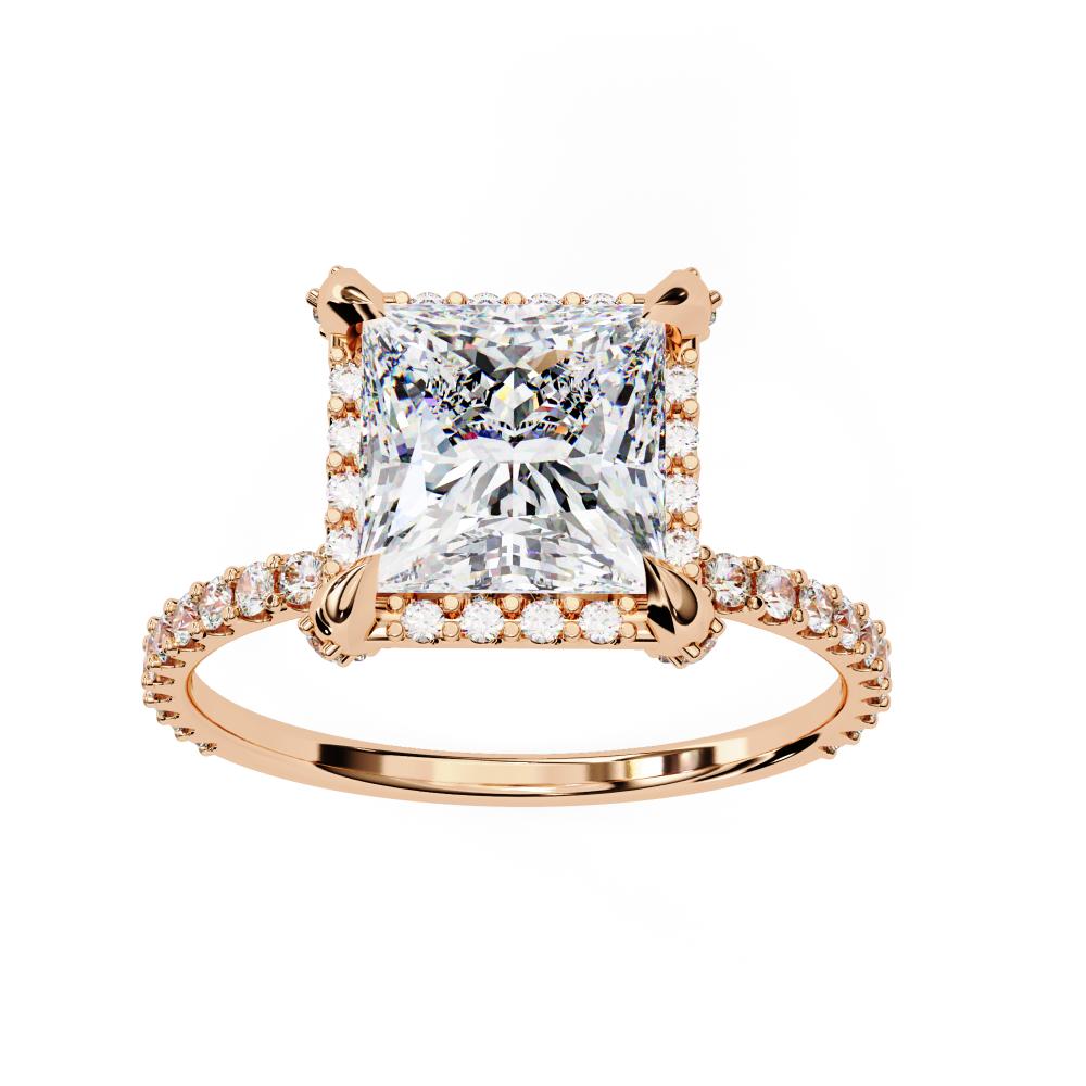 Princess-Cut with Pavé Round Diamond Halo Ring in Gold