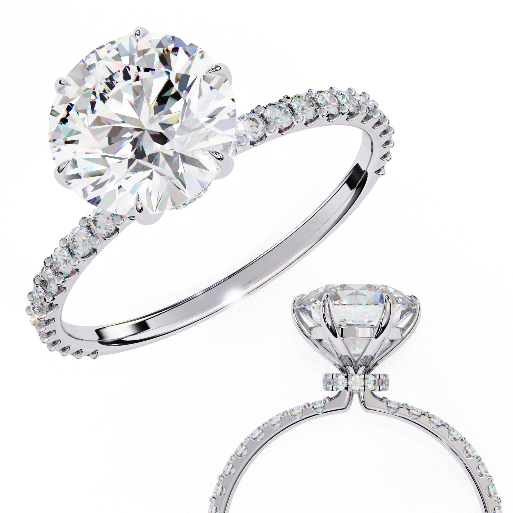 Elegant Round-Cut Diamond Engagement Ring with Pave-Set Diamonds in Gold