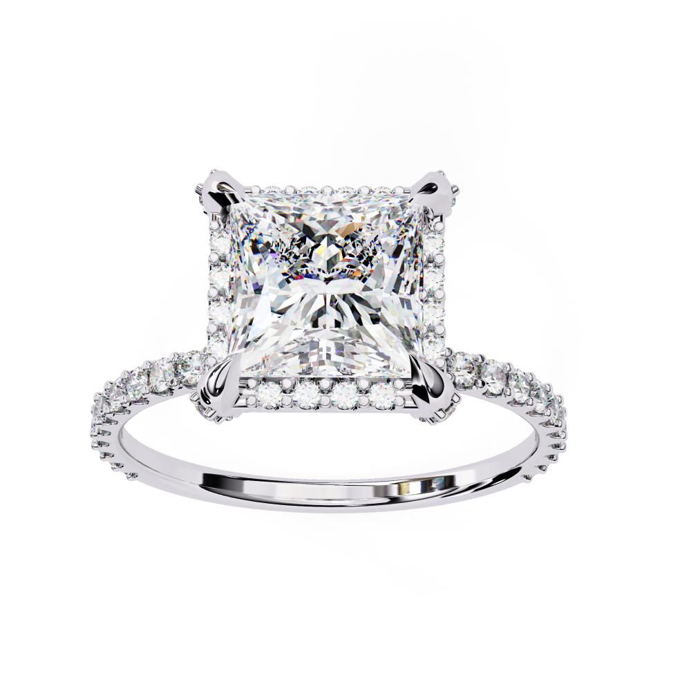 Princess-Cut with Pavé Round Diamond Halo Ring in Gold