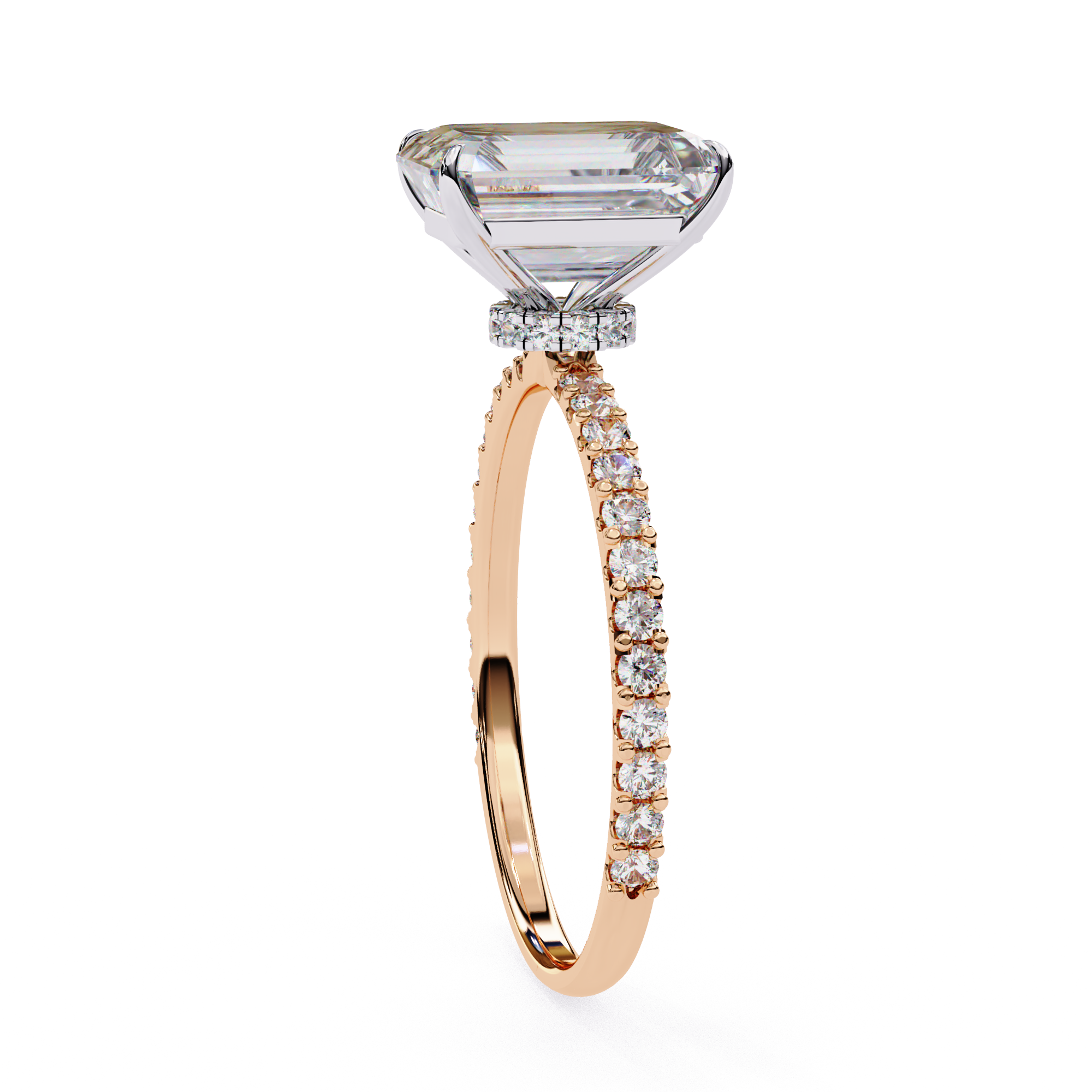 Exquisite Emerald-Cut Diamond Engagement Ring with Pave Band in Gold