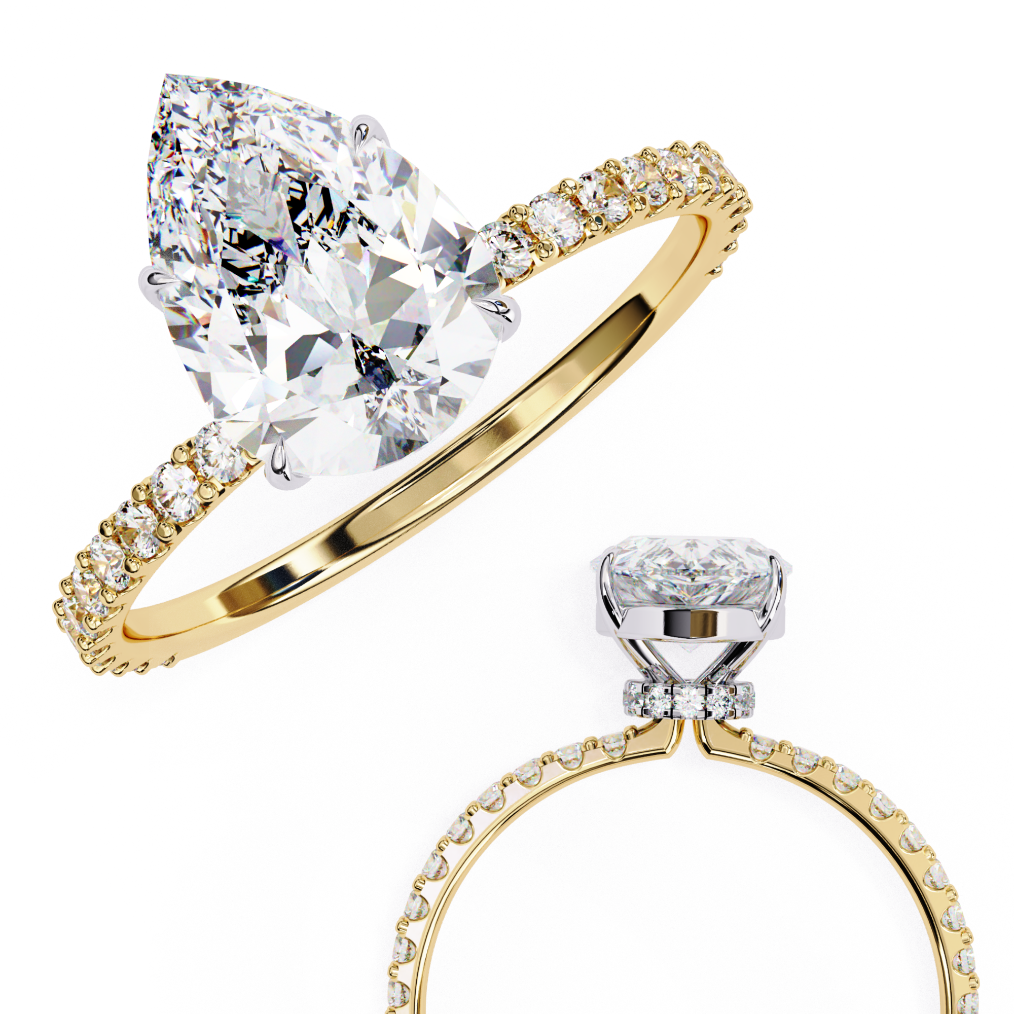 Exquisite Pear-Cut Diamond Engagement Ring with Pave Ring in Gold