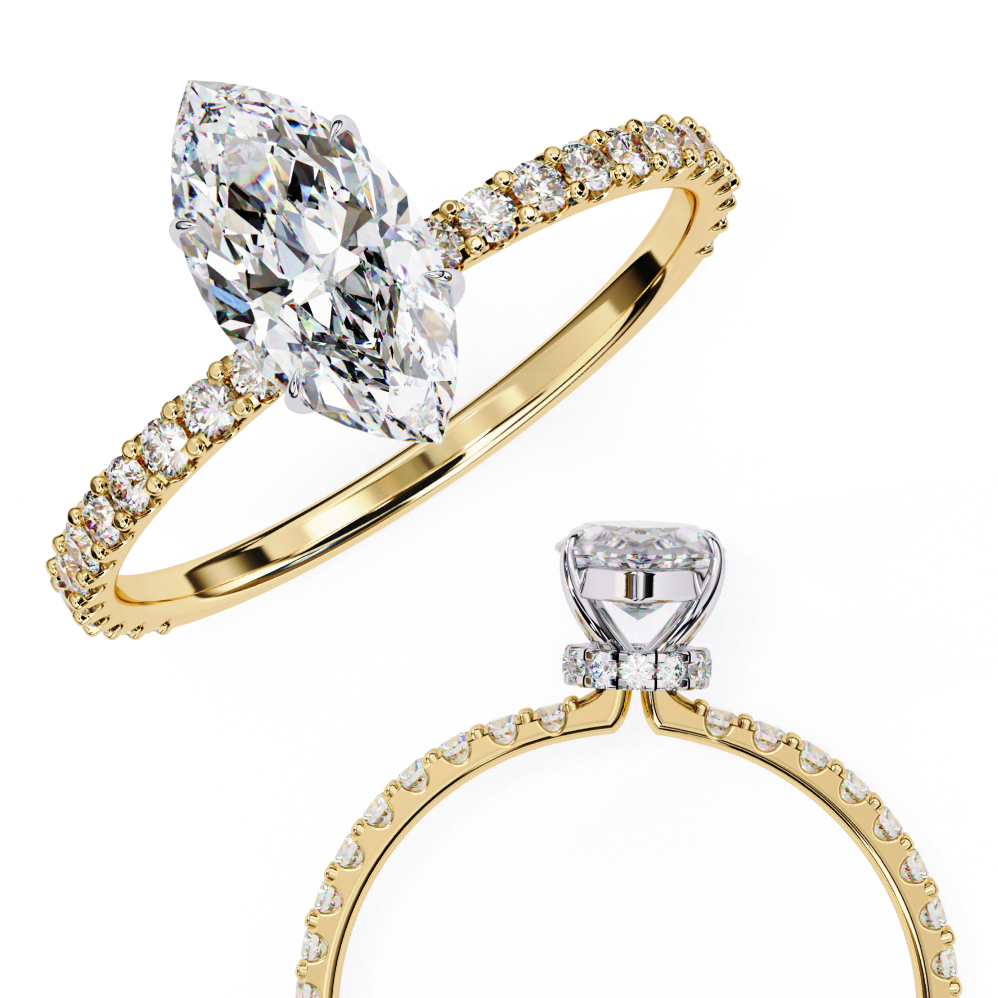 Elegant Marquise-Cut Diamond Engagement Ring with Pave Band in Gold
