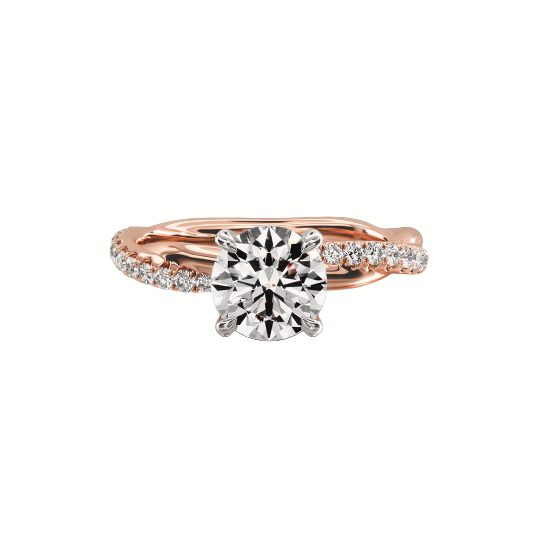 Round solitaire diamond ring with pavé twist band in rose gold