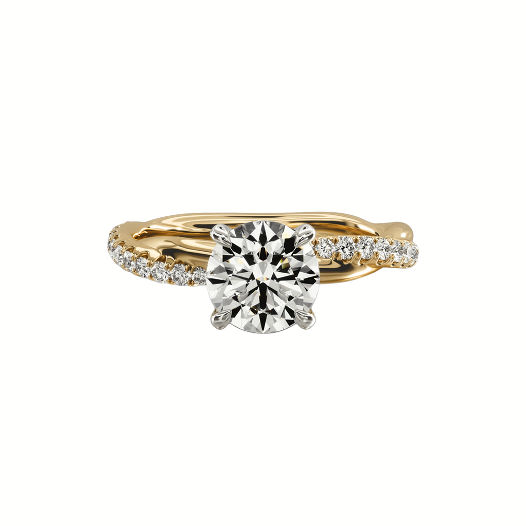 Round solitaire diamond ring with pavé twist band in gold
