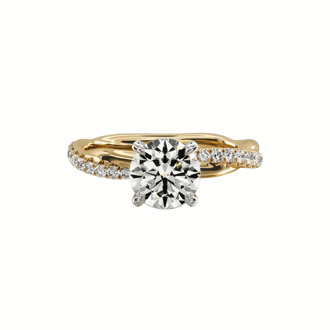 Round solitaire diamond ring with pavé twist band in gold