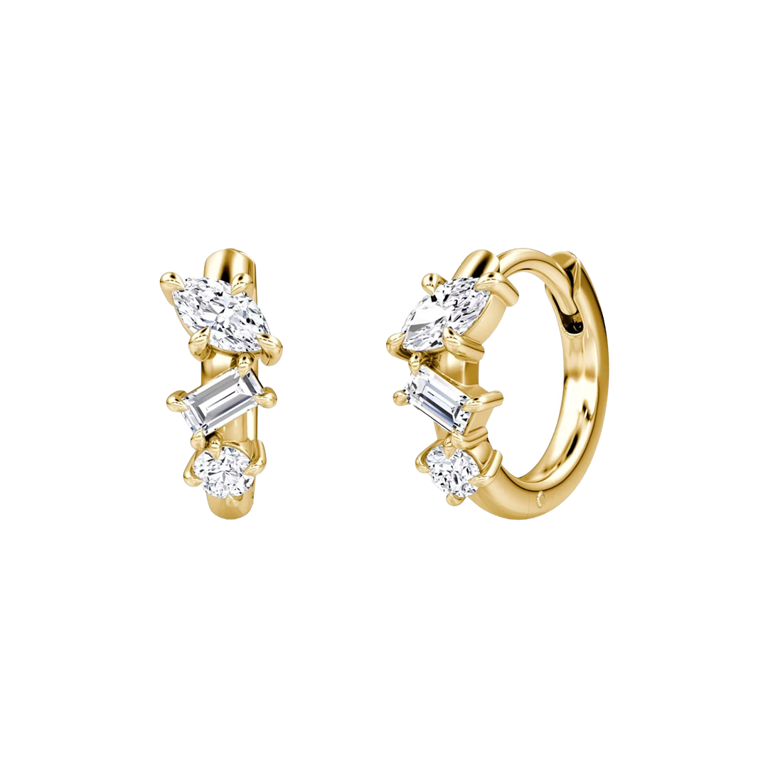 Mixed Cut Diamond Cluster Huggie Hoop Earrings in Gold