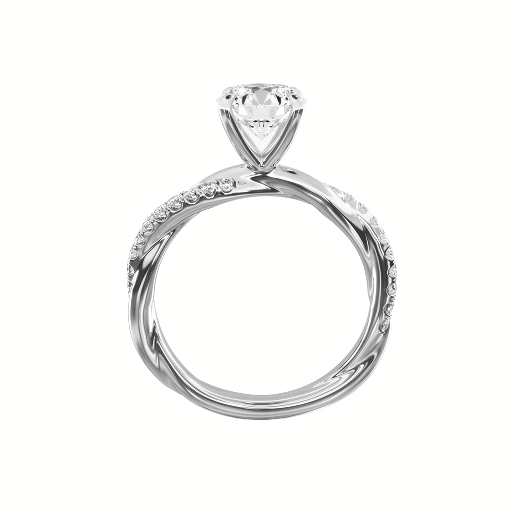 Round Solitaire Pave Diamond Twist Band Ring in Gold