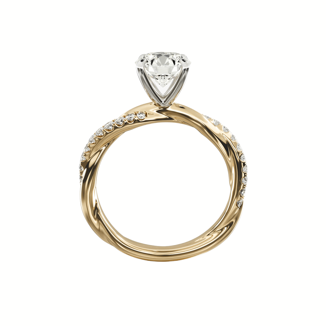 Round Solitaire Pave Diamond Twist Band Ring in Gold