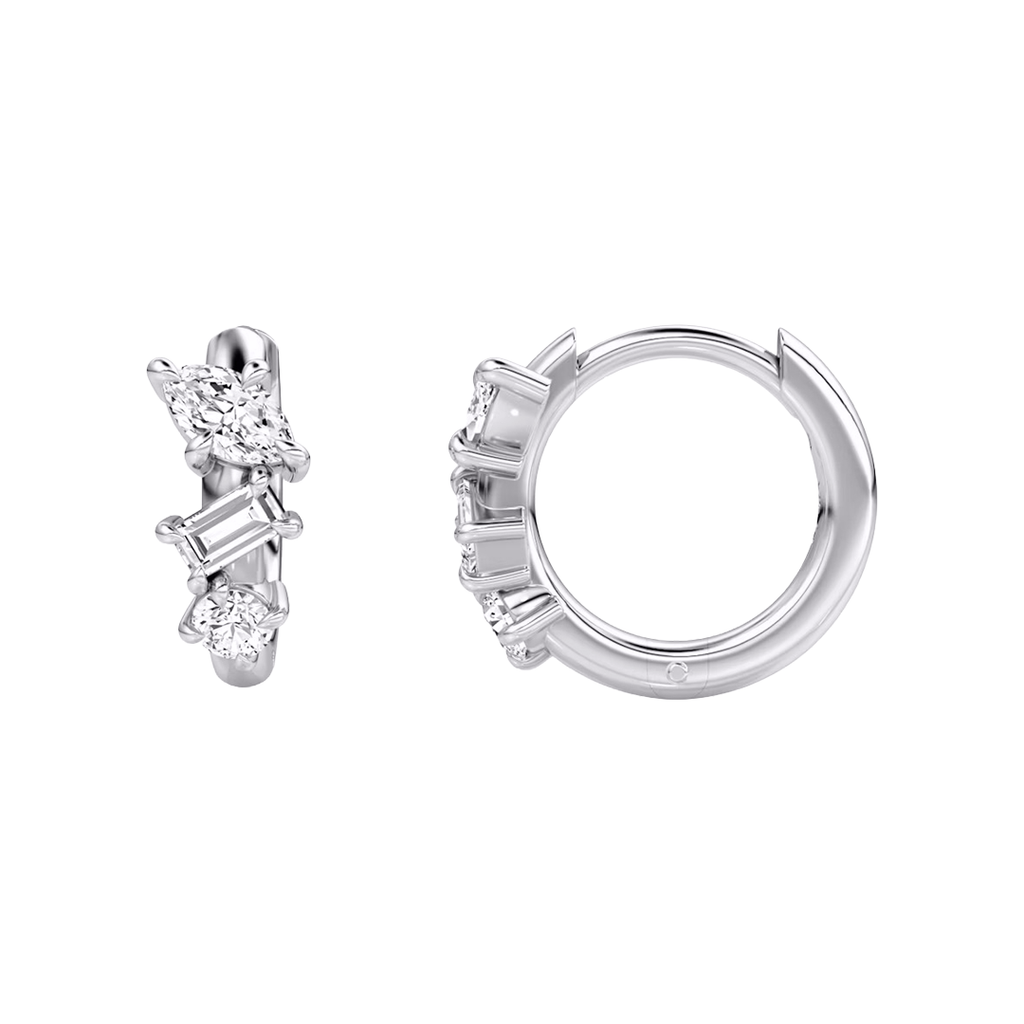 Mixed Cut Diamond Cluster Hoop Earrings in White Gold