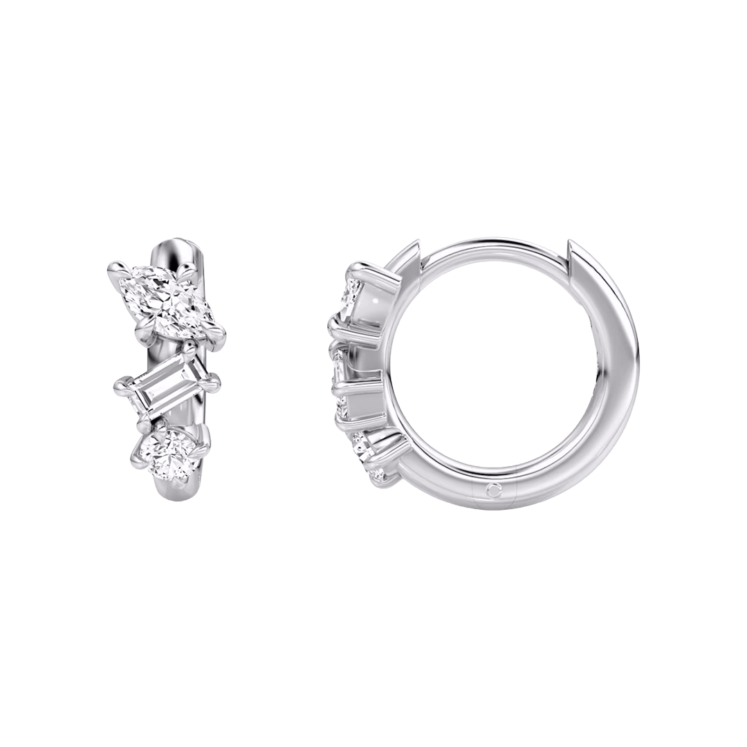 Mixed Cut Diamond Cluster Hoop Earrings in White Gold
