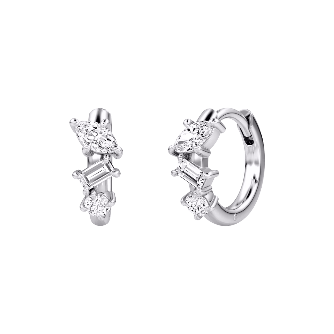 Luxury diamond huggie earrings with round and baguette cut diamonds