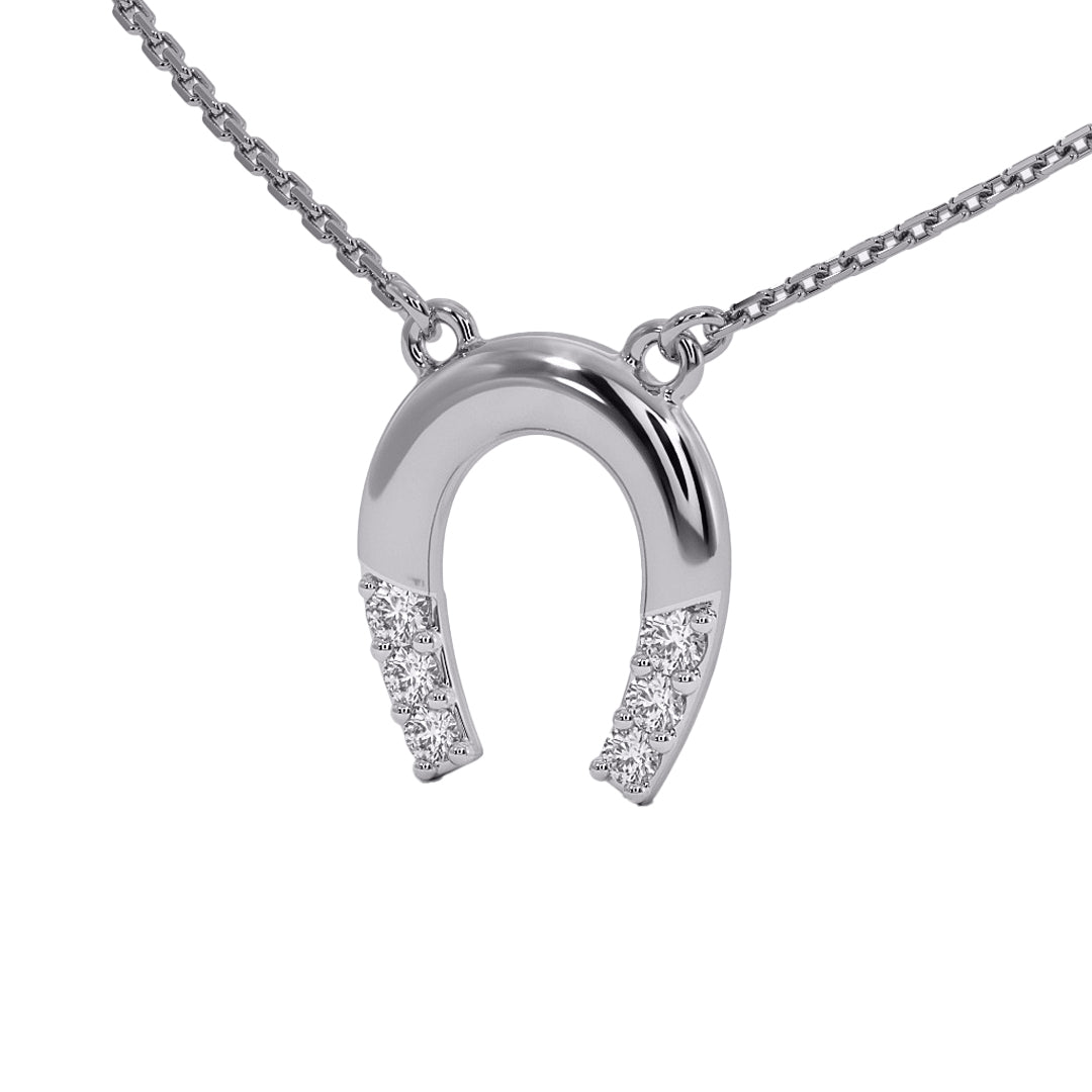 Silver horseshoe pendant necklace on a white background
