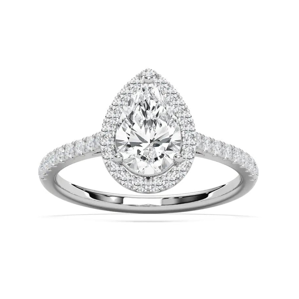 A pear-cut halo engagement ring with a pear center stone and pavé-set diamonds on a white-colored band, shown against a plain white background.