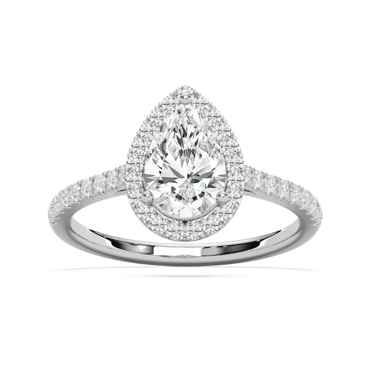 A pear-cut halo engagement ring with a pear center stone and pavé-set diamonds on a white-colored band, shown against a plain white background.