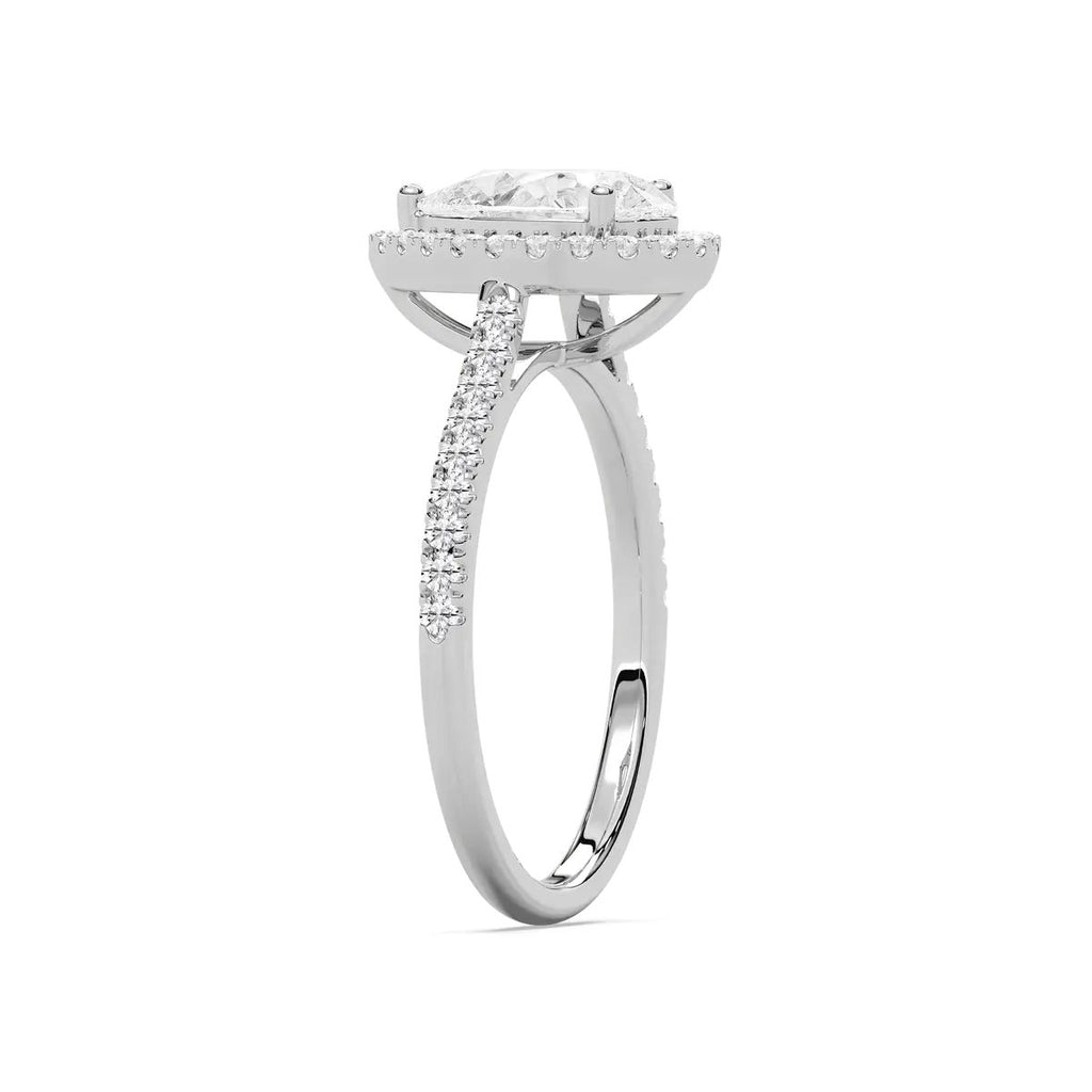 Pear Cut Halo Diamond Engagement Ring with Pave Band in Gold