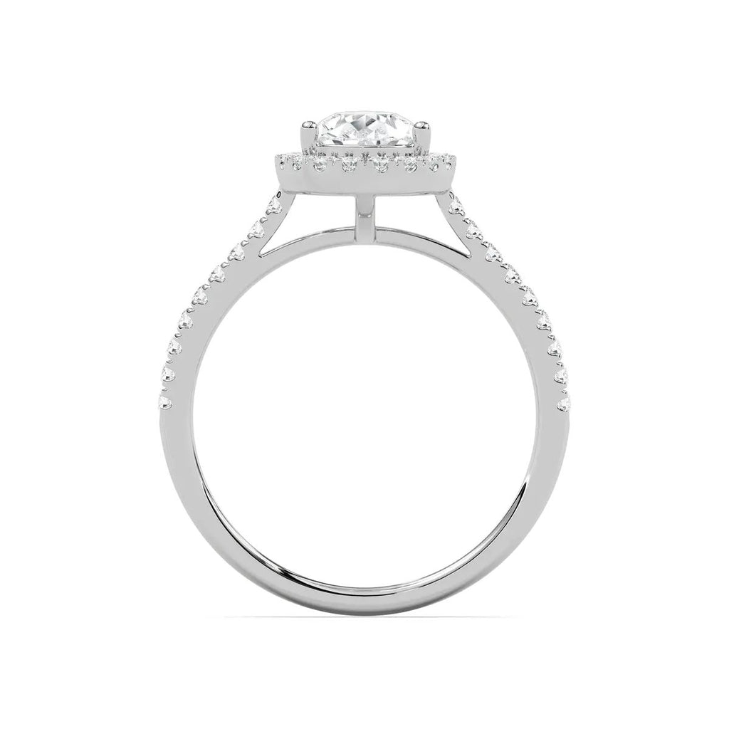 Pear Cut Halo Diamond Engagement Ring with Pave Band in Gold