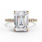 Emerald Cut Solitaire Hidden Halo Pave Band Ring in Gold