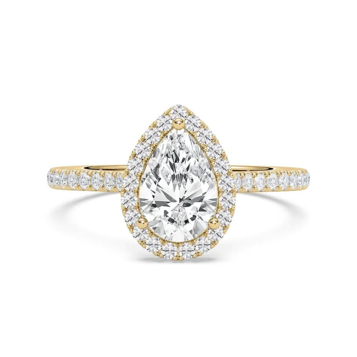A pear-cut diamond engagement ring in yellow gold with a halo and pavé band, centered on a clean white background.
