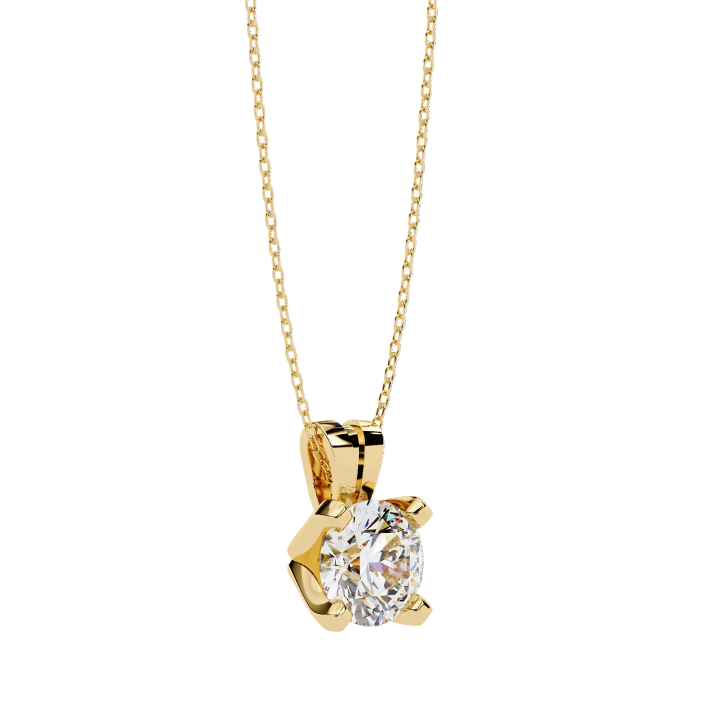 Simple round cut diamond pendant in gold prong design