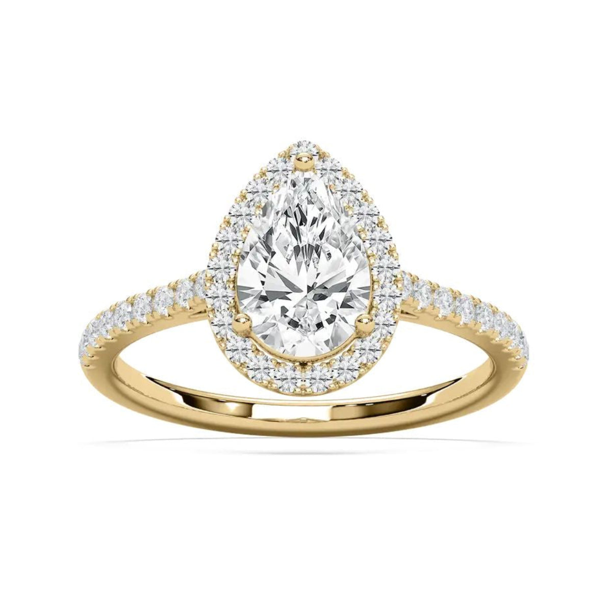 A yellow gold ring featuring a pear-cut diamond center stone surrounded by a halo of smaller round diamonds, with a pavé-set diamond band, shown on a clean white background.