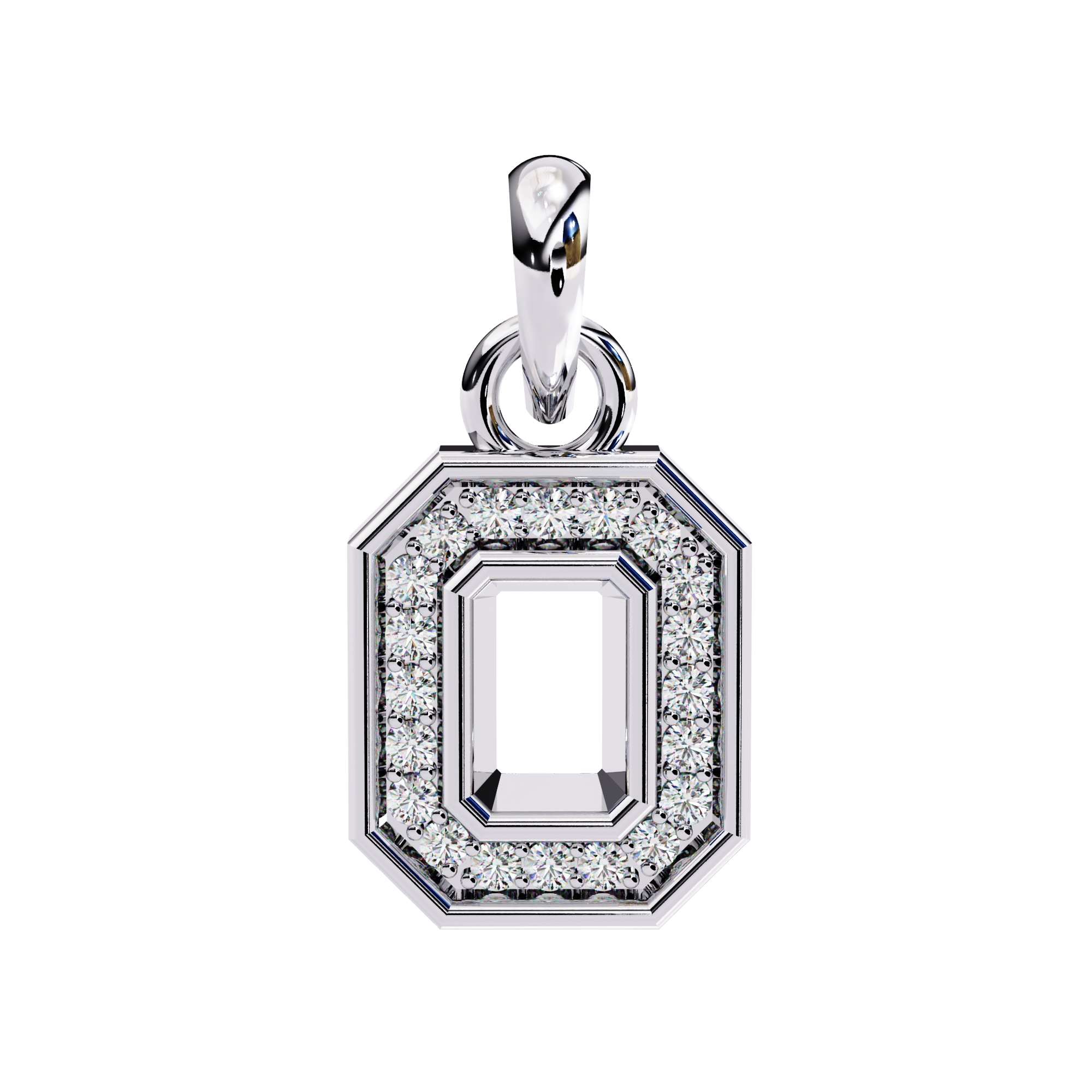 Regal white gold emerald-cut diamond pendant with halo pattern