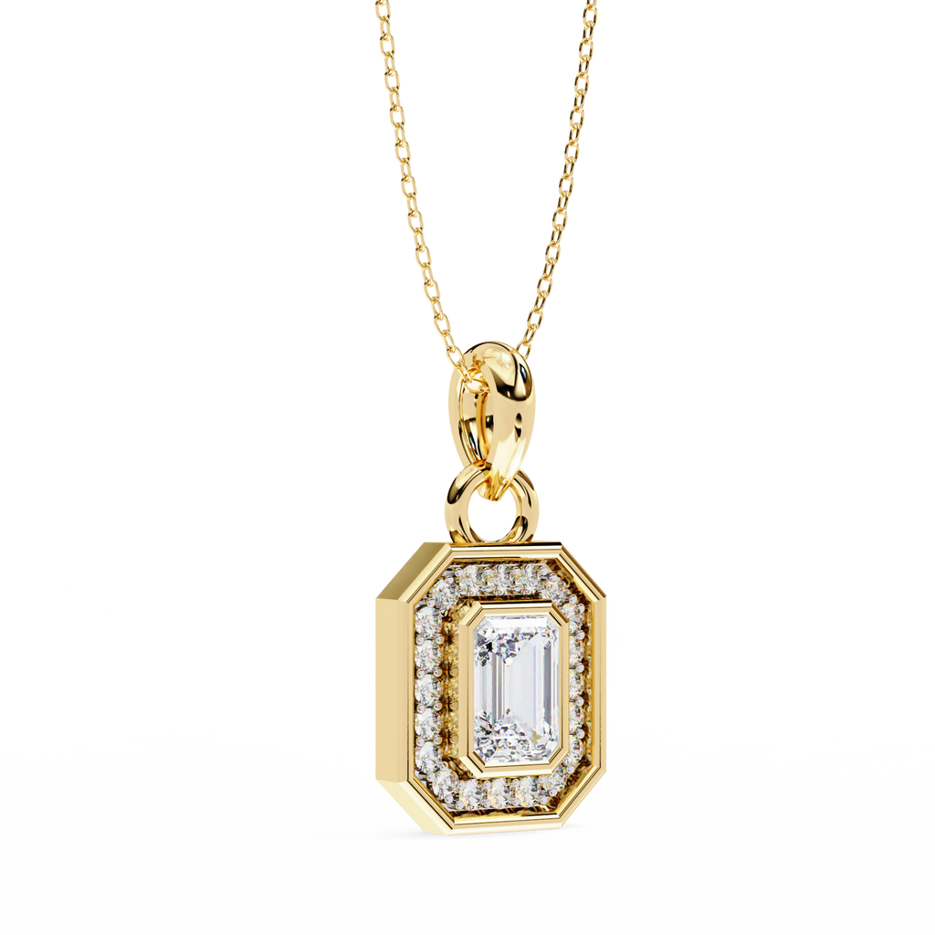 Emerald-cut diamond halo pendant in gold