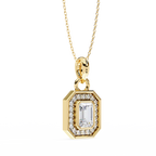 Emerald-cut diamond halo pendant in gold