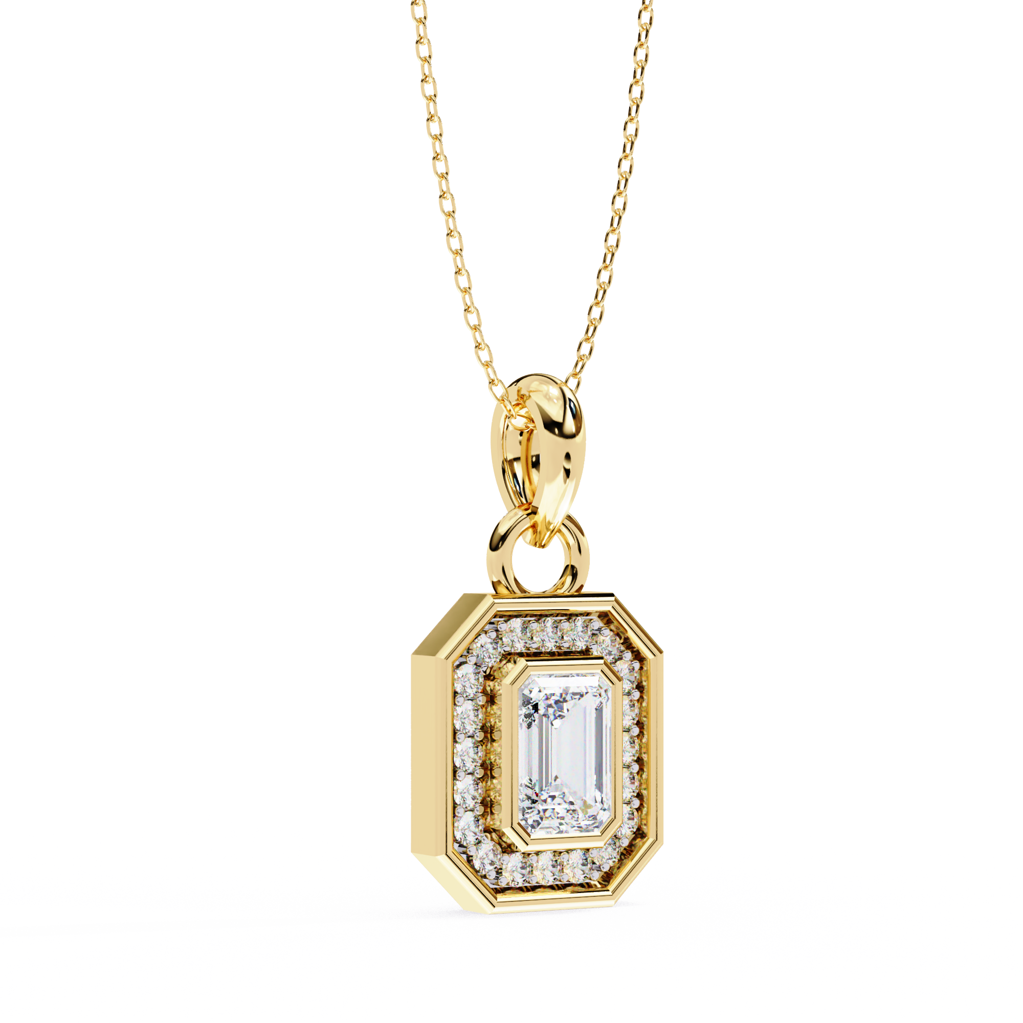 Emerald-cut diamond halo pendant in gold