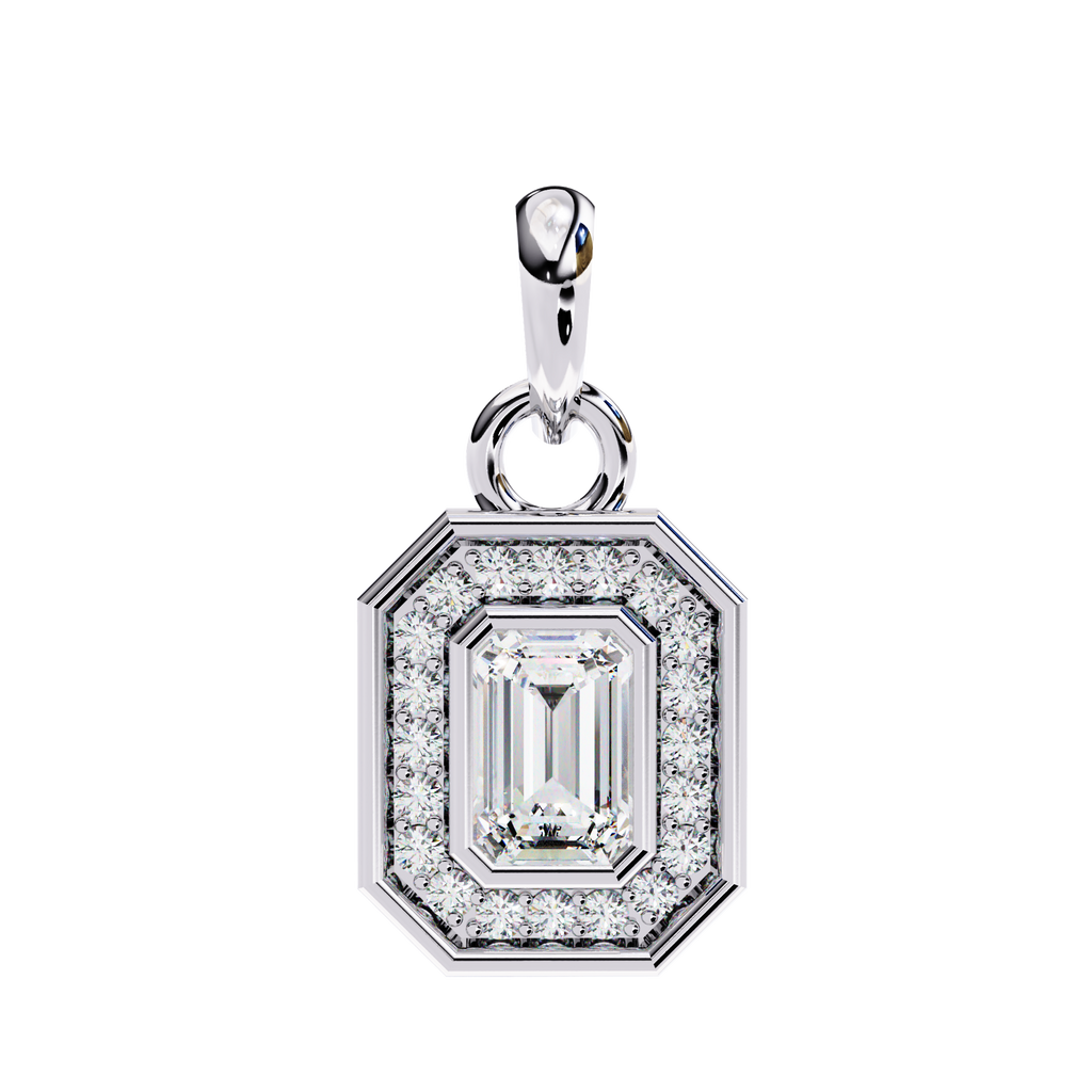 Opulent white gold emerald-cut halo diamond pendant